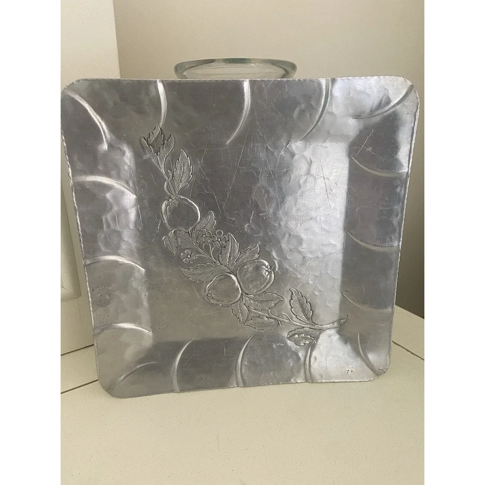Vintage EVERLAST FORGED ALUMINUM Square Serving Tray Fruit & Floral Design 11.5